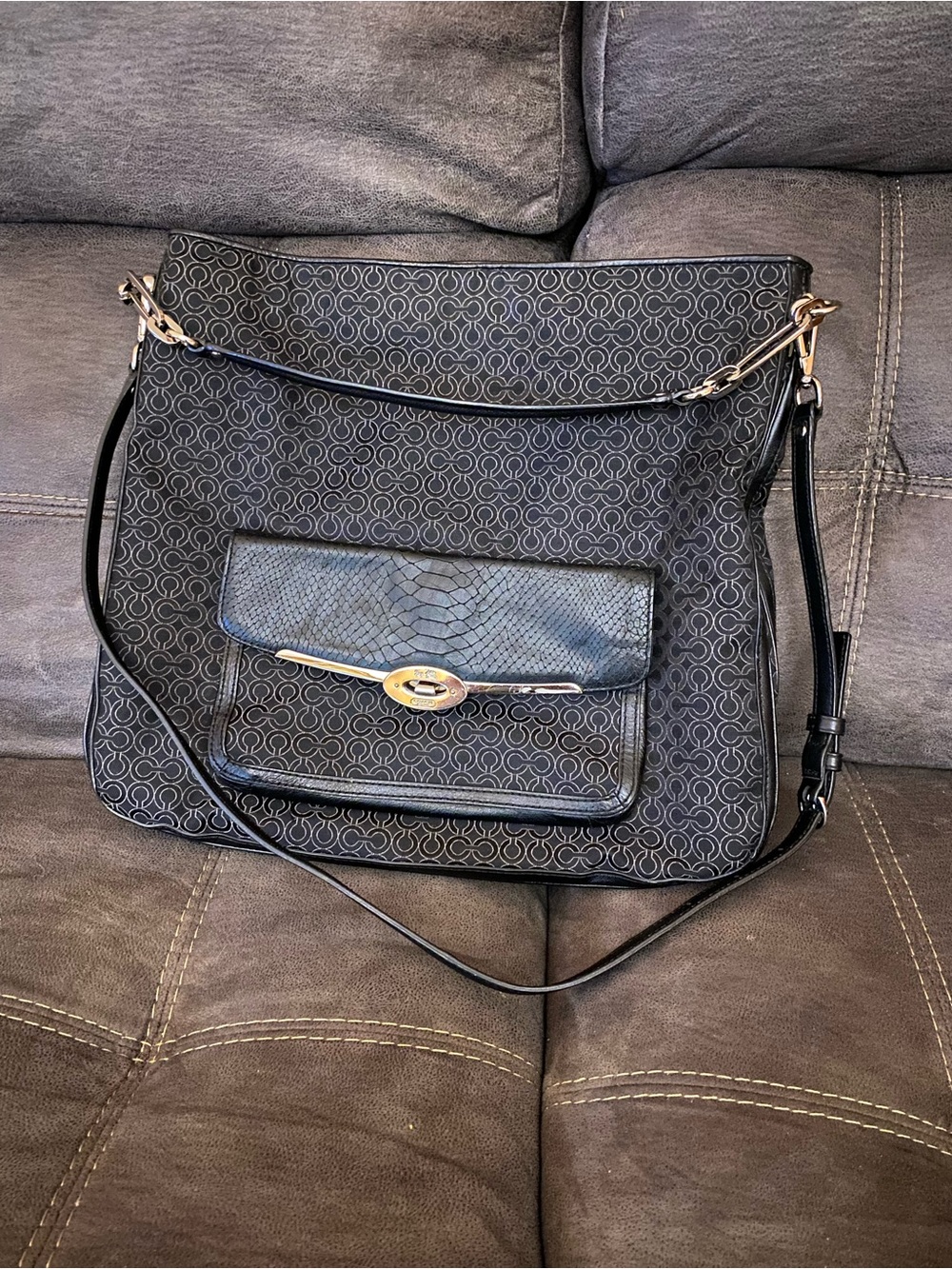 Coach Black Signature Monogram Shoulder Bag with Front Flap Pocket